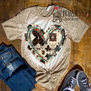 Bleached Cowhide Turquoise Heart Shirt, Women&#39;s