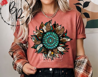 Western Turquoise Leopard Sunflower T-Shirt, Women's Casual Shirt Southwest Country