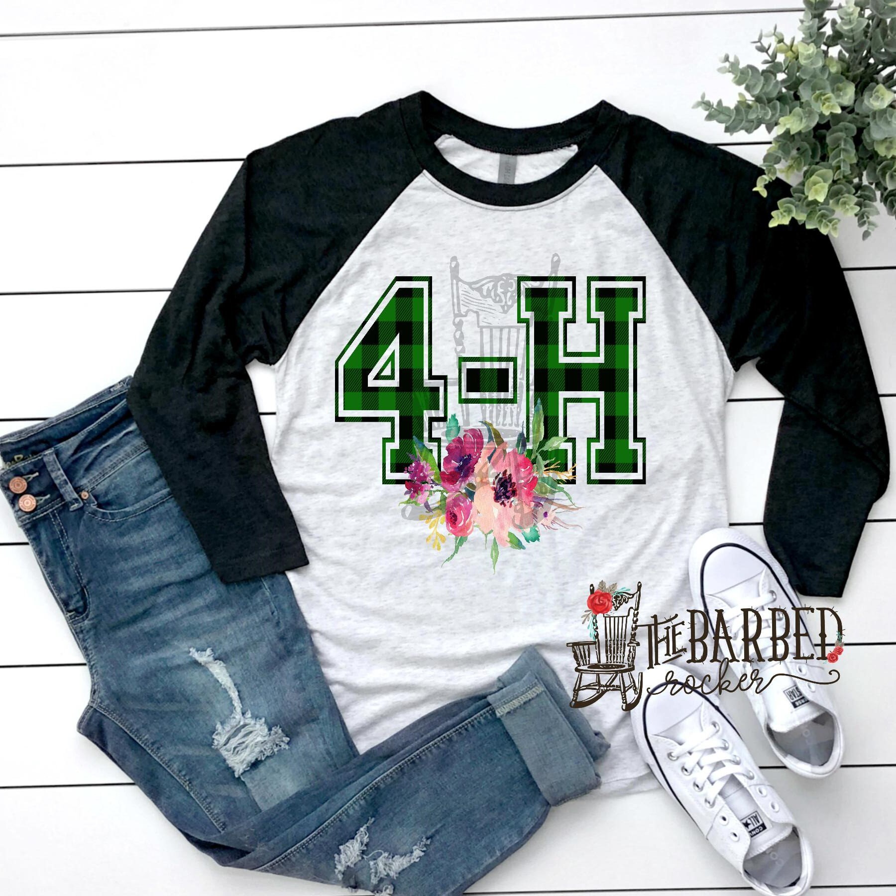 4-H Green and White Floral Raglan 