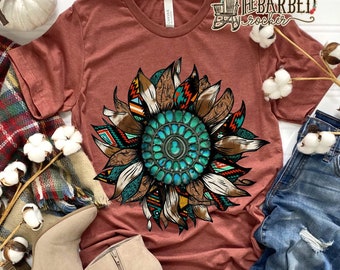 Western Turquoise Leopard Sunflower T-Shirt, Women's Casual Shirt Southwest Country