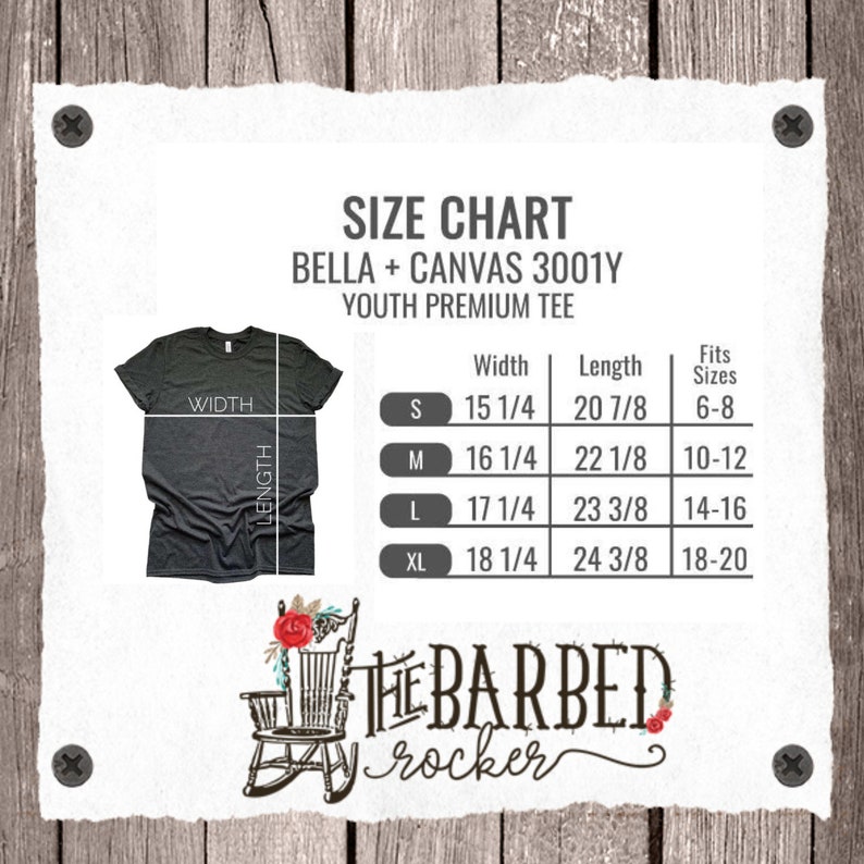 May include: Size chart for youth premium t-shirts in sizes S, M, L, and XL. The chart shows width and length measurements in inches, as well as the corresponding age range for each size. The chart is titled "Bella + Canvas 3001Y Youth Premium Tee".