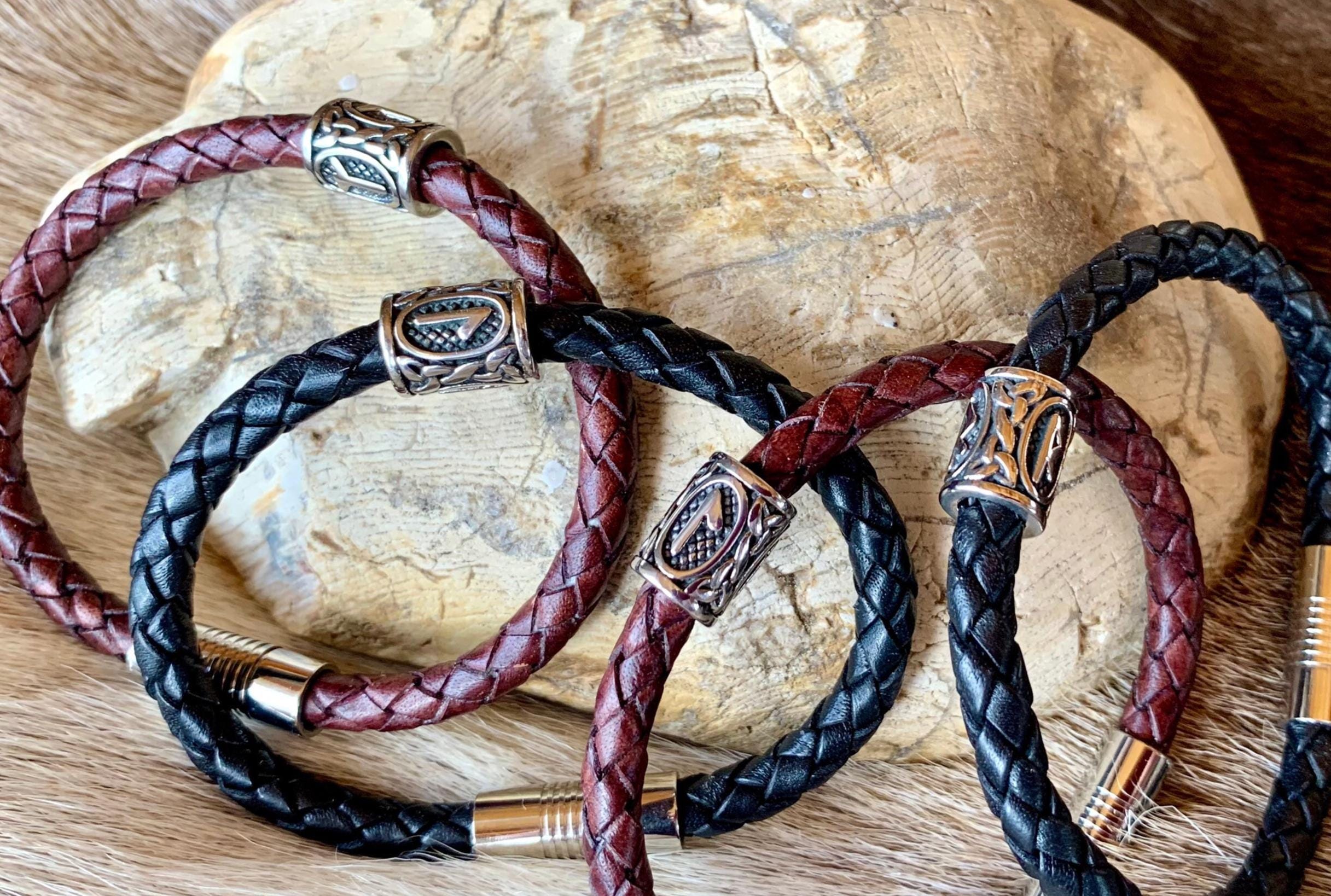 Leather Braided Bracelet, Viking Rune Bracelet, Leather Cord