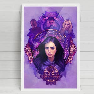 May include: A purple and gold illustration of Jessica Jones, a superhero from the Marvel universe. The text "The Devil You Know" is at the top of the image.