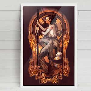 Könnte beinhalten: Ein digitaler Kunstdruck mit einer Frau in einem weißen und braunen Outfit, die ein Lichtschwert hält. Der Hintergrund ist ein stilisiertes Art-Deco-Design mit goldenen und braunen Akzenten.