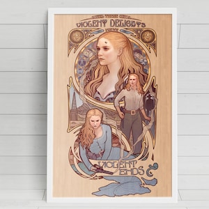 May include: A vintage-style illustration of three women with long blonde hair. The women are dressed in different styles, including a blue dress, a white shirt and brown trousers, and a white dress with a blue sash. The illustration is set against a background of a stylised cityscape and the text "Once There Were Violent Delights Now There Are Violent Ends".