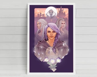 May include: A digital illustration of four figures in a purple and white color scheme. The central figure is a woman with long purple hair and a white braid. She is wearing a purple robe with a white collar and a skull-like design on the chest. The other figures are behind her and are partially obscured. The background is a purple sky with a white moon and a castle in the distance.