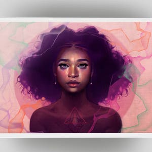May include: A digital painting of a person with dark purple hair and a geometric tattoo on their chest. The background is a soft pink with translucent purple and orange shapes.