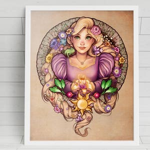 Pode incluir: Uma ilustração digital de uma mulher com cabelo longo e loiro, vestindo um vestido roxo e segurando uma flor amarela. Seu cabelo é adornado com flores e um pequeno sapo verde. O fundo é marrom claro com um padrão de pedra.