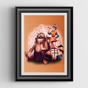 May include: A digital illustration of a steampunk robot and a woman in a yellow and orange outfit. The robot is made of metal and has a large, round head with green eyes. The woman is holding a wrench and is standing on a stool. The background is a light orange color with a circular design.