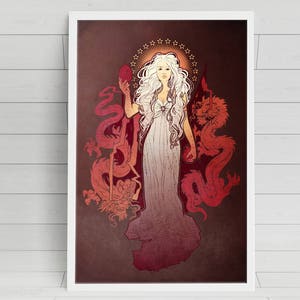 May include: A digital illustration of a woman with long white hair standing in front of two red dragons. The woman is wearing a white dress and holding a red heart in her hand. The background is a dark red color.