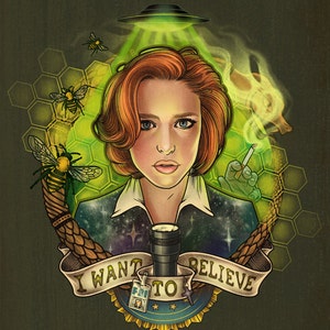 May include: A digital illustration of a woman with red hair, wearing a blue jacket with a galaxy pattern. She is holding a flashlight and a cigarette. The image has a green and yellow color scheme and includes bees, a honeycomb pattern, and the text "I want to believe".