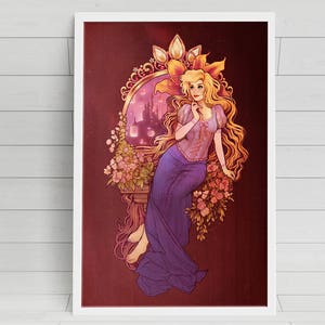 Puede incluir: Una ilustración digital de una mujer con el pelo largo y rubio que lleva un vestido morado y una corona. Está de pie frente a una ventana con vistas a una ciudad.