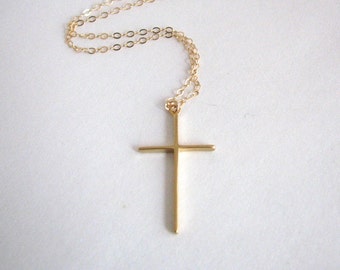 Colar com Cruz Fina e Simples em Ouro 14K - Corrente em Ouro Laminado, Joia Cristã, Religioso, Cruz Fina e Delicada, Presente para Madrinha