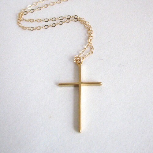 Simple Skinny Gold Cross Necklace 14K 