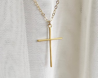 Gold Cross Necklace -- 14k Gold Filled - Dainty Delicate Minimalist Cross Necklace, Gift for her Baptism, girlfriend, daughter, women, mom