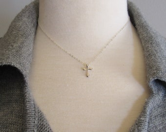 Sterling Silver Cross Necklace, Small Simple Cross Necklace, Dainty Minimalist Tiny Charm, Christian Faith Baptism Necklace, Silver or Gold