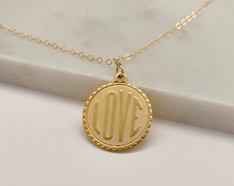 Raw Brass LOVE Pendant, Brass Pendant, Gold Love Necklace, Word Necklace - 14k Gold Filled Chain