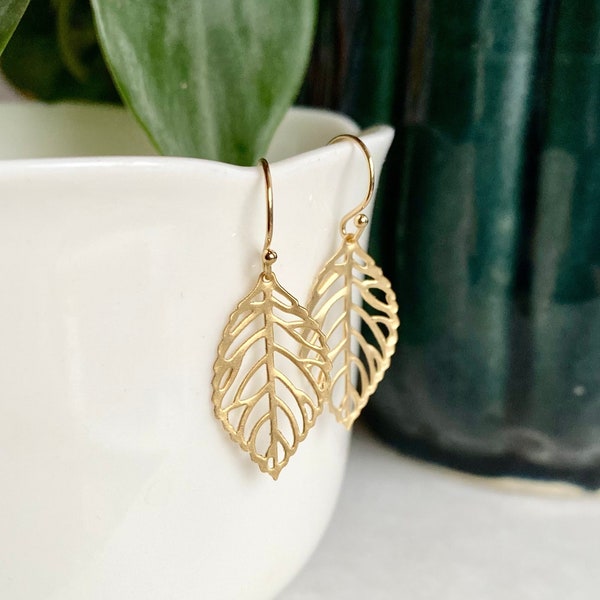 Gold Leaf Earrings--14k-Dainty Small Leaf Filigree Leaves Jewelry Simple Everyday Gift Her Tiny Delicate Dangle Minimal Nature Woodland Boho