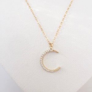 Crystal Gold Crescent Moon Necklace, 14K Gold Chain, Dainty Delicate Crystal Necklace, Constellation Jewelry, Gift for Her Layering Necklace