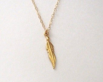 Feather Necklace – 14k Gold Vermeil -Dainty Delicate Minimalist Nature Pendant Native Indian Boho bohemian Gift her girlfriend daughter mom