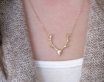 Antler Necklace --14k Gold, Dainty Stag Deer Elk Antler Necklace, Hunter Hunting Pendant, Animal Woodland Statement Necklace, Gift for Her