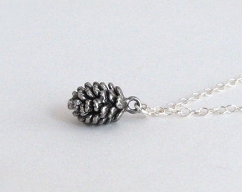 Silver Pinecone Necklace, Tiny Pine Cone Antique Silver Look, Woodland Jewelry Nature Gift for daughter Birthday Gift, Sterling Silver Chain
