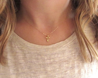 Collier Croix d’Or -14k Or Vermeil- Collier Croix d’Or Skinny Dainty, Petite Croix d’Or Minimaliste, Collier Chrétien, Chaîne de Remplissage d’Or