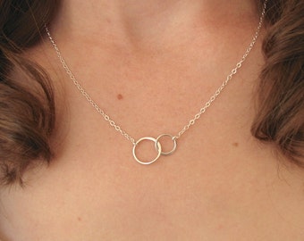 Circle Necklace-Sterling Silver-Hoops Infinity Pendant, Two Small Entwined Tiny Circles, Dainty Eternity Delicate Charm Everyday Simple Gift