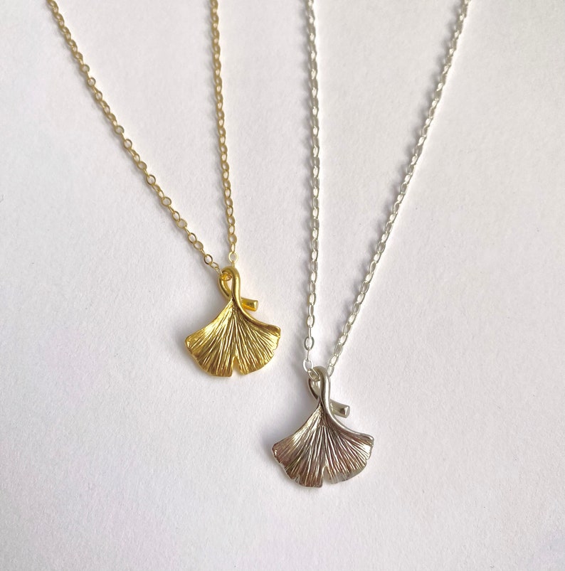 Ginkgo Leaf Necklace, Gold or Silver, Cute Dainty Tiny Woodland Jewelry, Beautiful Gift Mom 14K Gold-Filled or Sterling Silver Chain image 1