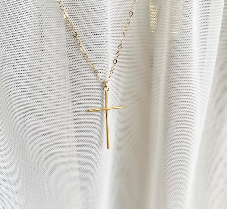 Simple Skinny Gold Cross Necklace 14K Gold Fill Chain, Christian Necklace Jewelry, Religious, Dainty Delicate Thin Cross, Bridesmaid Gift image 2