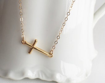 Simple Gold Cross Necklace, Sideways Cross, Gold Vermeil Cross, Small Gold Cross, Christian Necklace, Religious Jewelry, 14k Gold Fill Chain