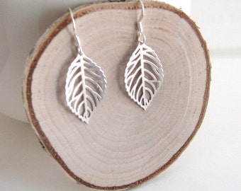 Silver Leaf Earrings--Dainty Small Leaf Filigree Leaves Jewelry, Simple Everyday Gift Her Tiny Delicate Dangle Minimal Nature Woodland Boho