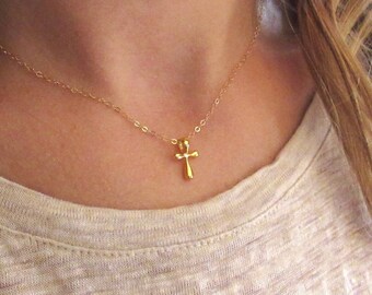 Gold Cross Necklace -- 14k Gold Vermeil - Dainty Delicate Minimalist Cross Necklace, Gift for her, girlfriend, daughter, women, mom, baptism