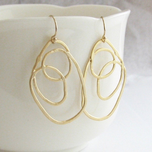 Gold Circle Earrings-14k-Dainty Large Abstract Circles Connected, Long Multi Linked Simple Everyday Gift her, Delicate Dangle Minimal Boho