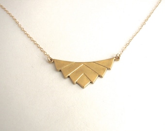 Raw Brass Chevron Necklace, Gold Art Deco, Geometric Pendant, Minimalist Modern, Lotus, Triangle, V Necklace, Retro, 14K Gold-Filled chain