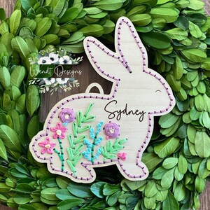 Hand Embroidered Bunny Tag, Personalized Easter Bunny Tag, Embroidery, Easter Decor, Floral Bunny Decor, Floral Easter Tag, Floral Easter