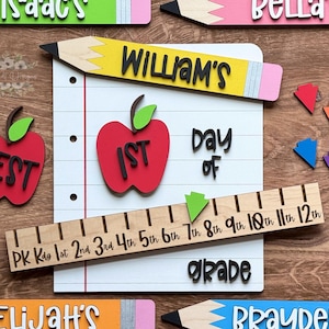 Personalized First Day of School Sign, Interchangeable Photo Prop with NEW Grade Ruler, 4 Apples, & 6 Pencil Colors, Back to School Sign