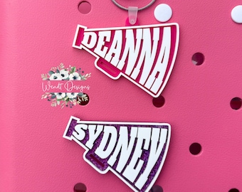 Personalized Cheer Bag Charm, Custom Name Sports Bag Tag, Cheer Team Gifts, Megaphone Magnet, Team Colors