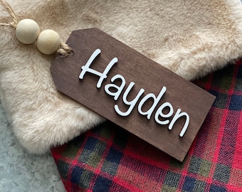 Personalized Stocking Name Tags, Beaded Stocking Tags, Rustic Christmas Decor, Wooden Stocking Name Tags