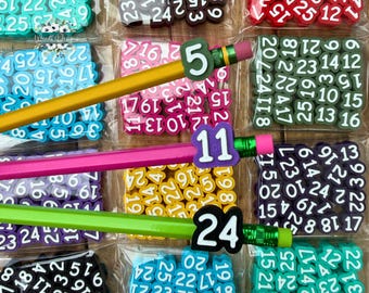 Reusable Numbered Pencil Toppers for Classroom Organization and Student Number System, 28 Custom Color Options, Four Set Sizes