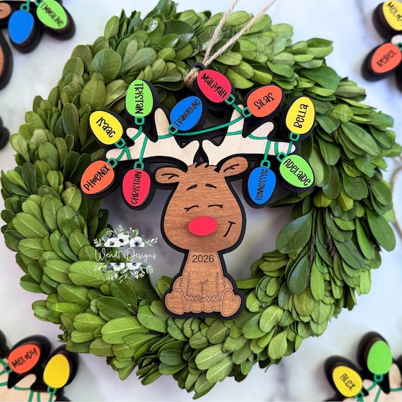 Personalized Reindeer Ornament, Tangled Reindeer Ornament, Christmas Light Ornament, 2026 Family Ornament, Engraved Keepsake Ornament