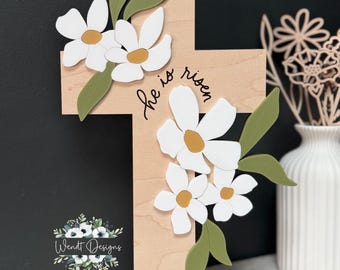 He is Risen Magnolia Cross Mantle Sign, Easter Decor, Christian Easter Sign