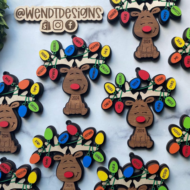 Personalized Reindeer Ornament, Tangled Reindeer Ornament, Christmas Light Ornament, 2026 Family Ornament, Engraved Keepsake Ornament image 2