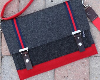 Merino Wool 13" MacBook Sleeve – Red Accent, Leather Straps