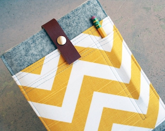 Wool Felt iPad Mini Sleeve – Yellow Chevron Fabric, Leather Strap