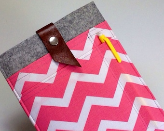 Chevron iPad Mini Sleeve, Pink & White, Leather Strap