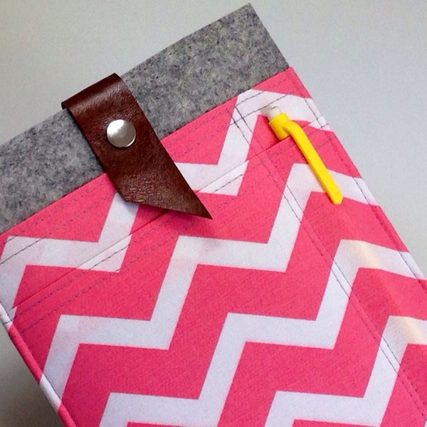 Pink & White Chevron iPad Mini sleeve case with brown leather strap for closure 100% merino wool felt 3mm thick