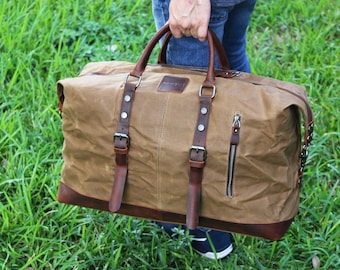 Waxed Canvas Weekender Bag – Leather Accents, Large Travel Duffel