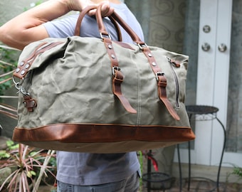 Waxed Canvas Weekender Bag – Leather Travel Duffel, Large Luggage