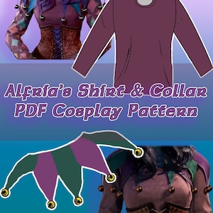 Puede incluir: Un patrón de cosplay PDF digital para una camisa y un cuello. La imagen muestra una maqueta de la camisa, un corsé y un cuello de bufón con campanas. El texto de la imagen dice "Alfria's Shirt & Collar PDF Cosplay Pattern."